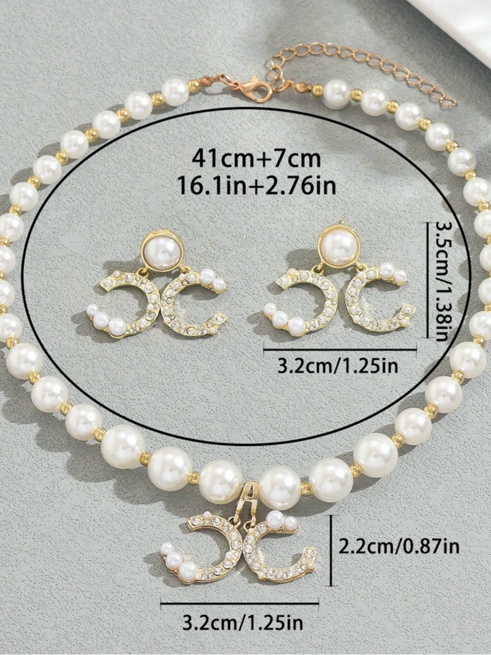 Gold & Pearl CC Pendant Necklace and Earrings Set - NWOT - Picture 4 of 4